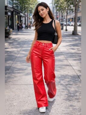 Vibrant Red Faux Leather Pants